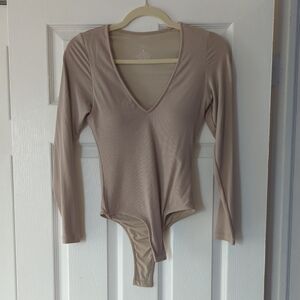 Klassy Network Taupe Long Sleeve V-Neck Bodysuit